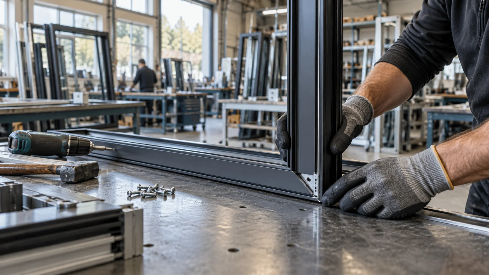 Detall del muntatge d’un marc d’alumini en un taller modern